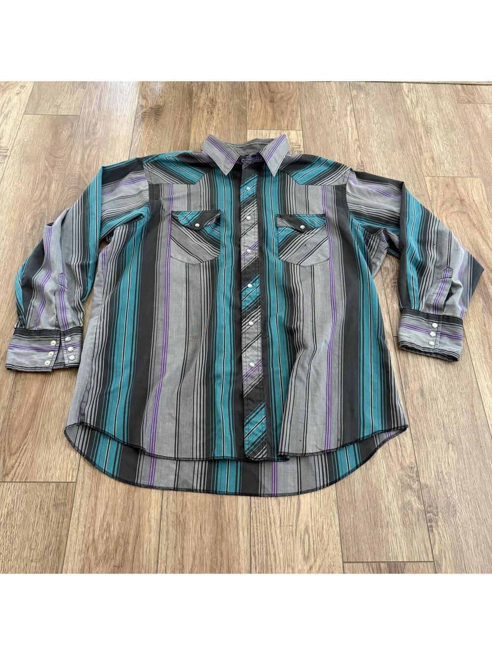Vtg Rustler Striped Western Pearl Snap Shirt XL 17.5